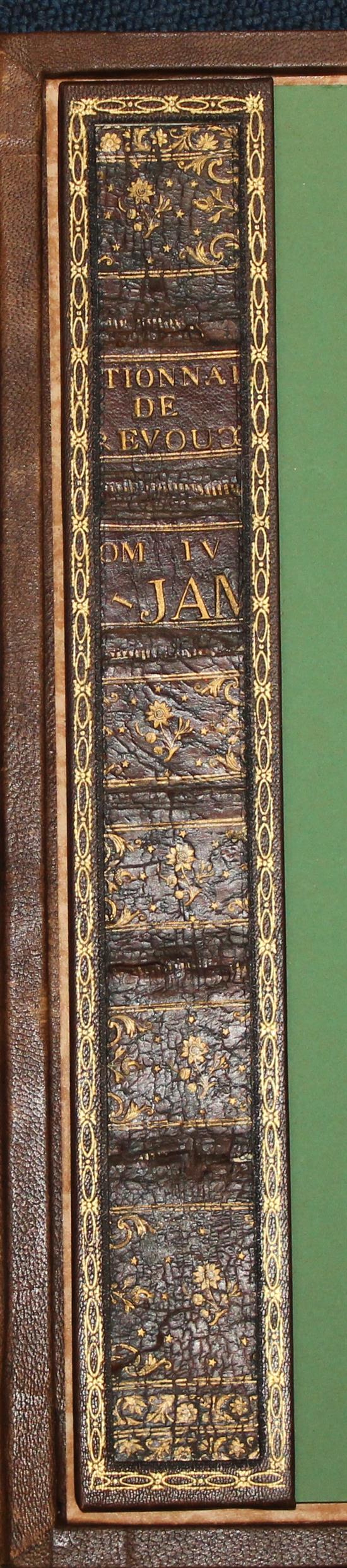 A French gilt tooled and brown leather double folding desk blotter, W.1ft 8in.